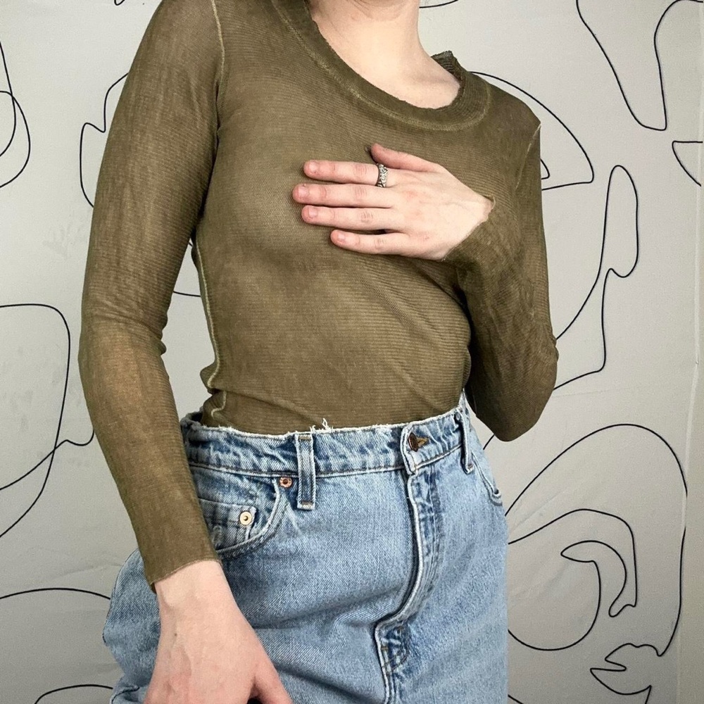 Cynthia Ashby Olive Green Mesh Long Sleeve Y2K Style Top